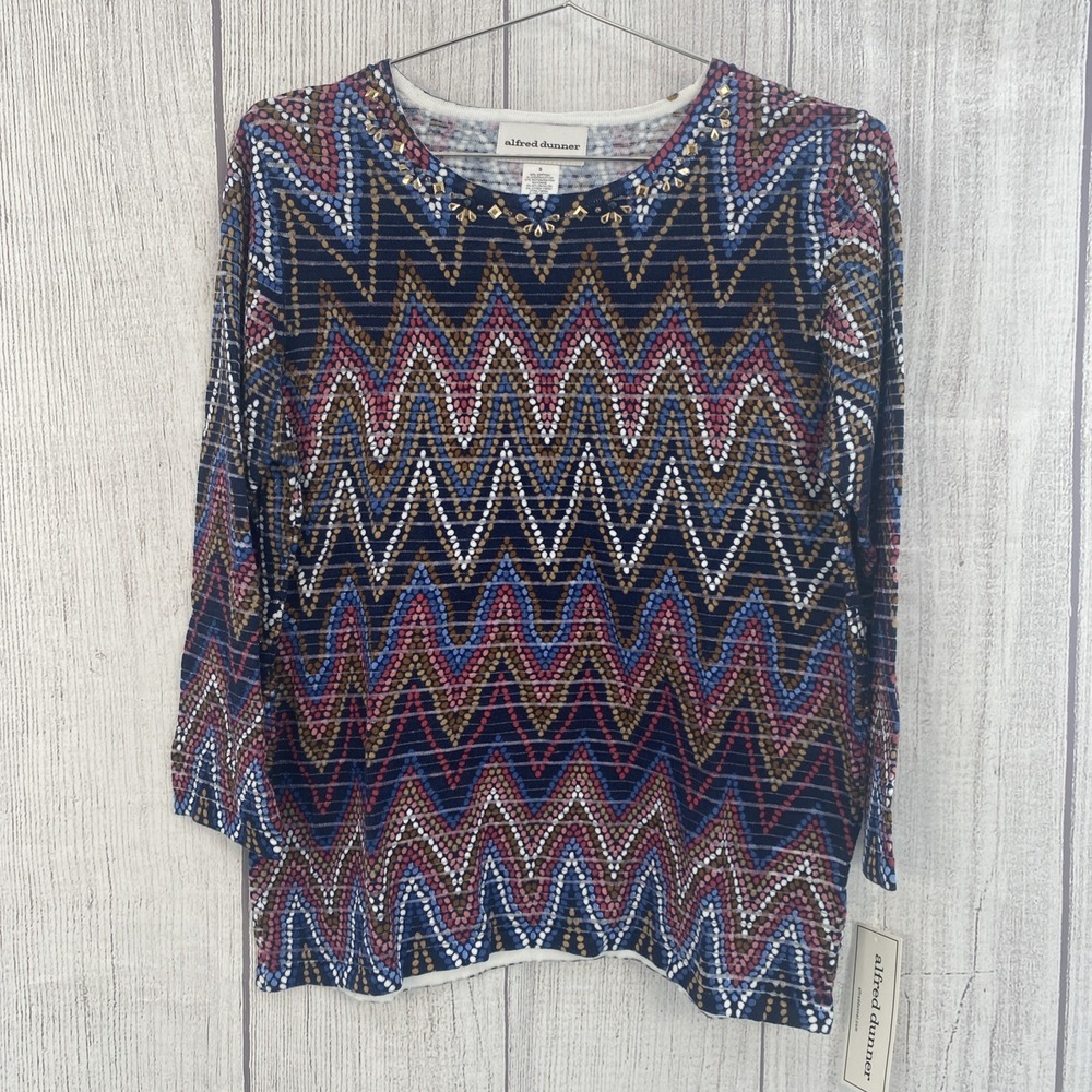 Alfred Dunner Top Womens SMALL Navy Blue Textured Chevron Stripe Embellished